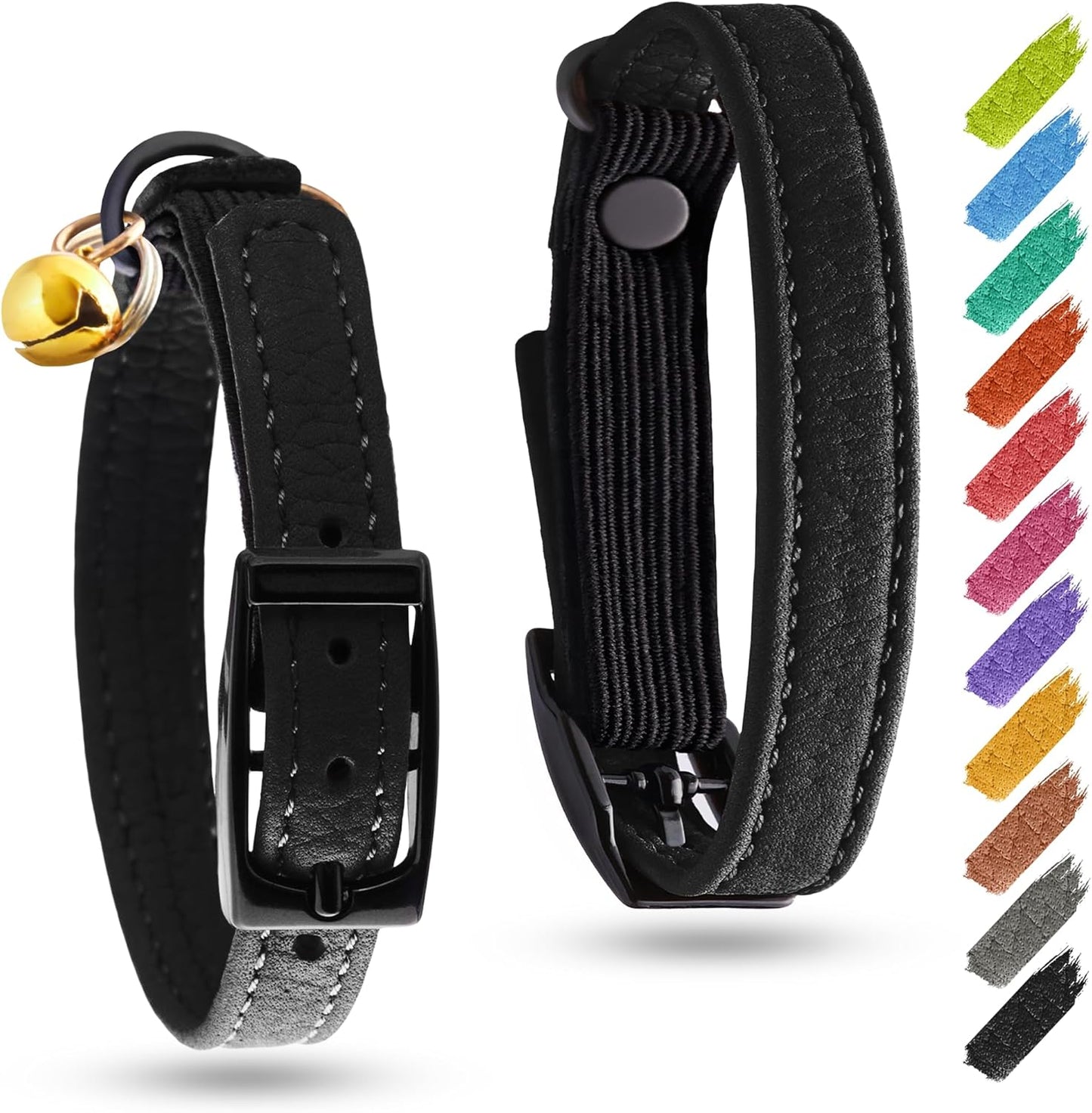Leather Cat Collar with Bell and Safety Elastic Strap Breakaway Alternative for Small & Large Kittens, Stylish Pet Leather Collar for Boy, Girl Cats with Metal Buckle & QR ID Tag (Black)