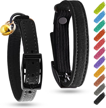 Leather Cat Collar with Bell and Safety Elastic Strap Breakaway Alternative for Small & Large Kittens, Stylish Pet Leather Collar for Boy, Girl Cats with Metal Buckle & QR ID Tag (Black)