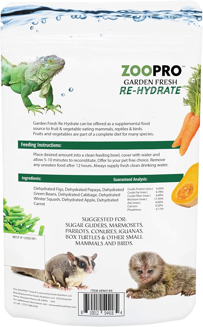 Exotic Nutrition Garden Fresh Re-Hydrate - High Calcium Dried Fruit & Vegetable Mix - for Sugar Gliders, Marmosets, Parrots, Conures, Iguanas, Turtles, Lizards, Bearded Dragons, & Other Small Pets