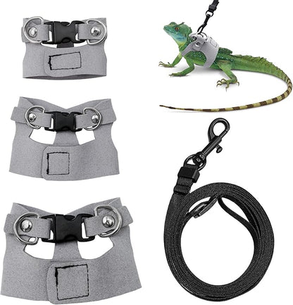Bearded Dragon Harness and Leash Set, 3 Size Adjustable Soft Leather Reptile Leash, Lizard Harness with Retractable, Small Animal Outdoor Walking Vest with Traction Rope, 3 Pack, Grey