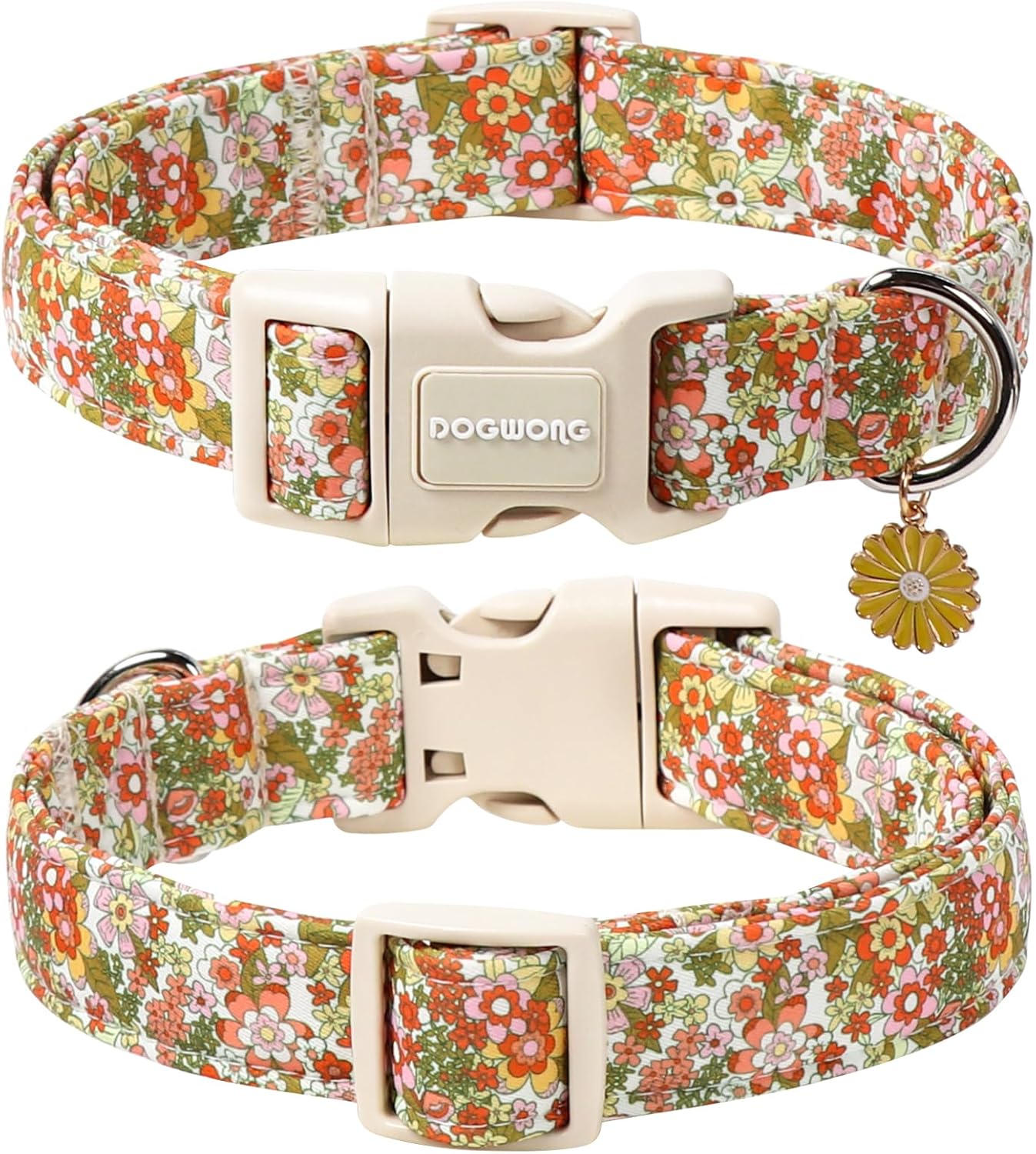 DOGWONG Flower Dog Collar, Orange Daisy Flower Dog Collar Adjustable Soft Fabric Girl Pet Dog Collars Cute Puppy Necklace for Small Medium Large Dogs