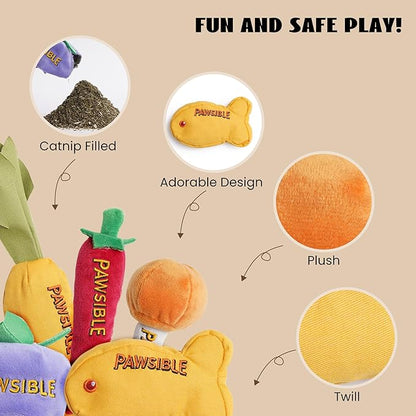 5 Pack Catnip Toys for Indoor Cats - 100% Organic Catnip Filled, No Cotton, Durable Teething Kicker Toys for Kittens, Food-Shaped Plush Chew Toys