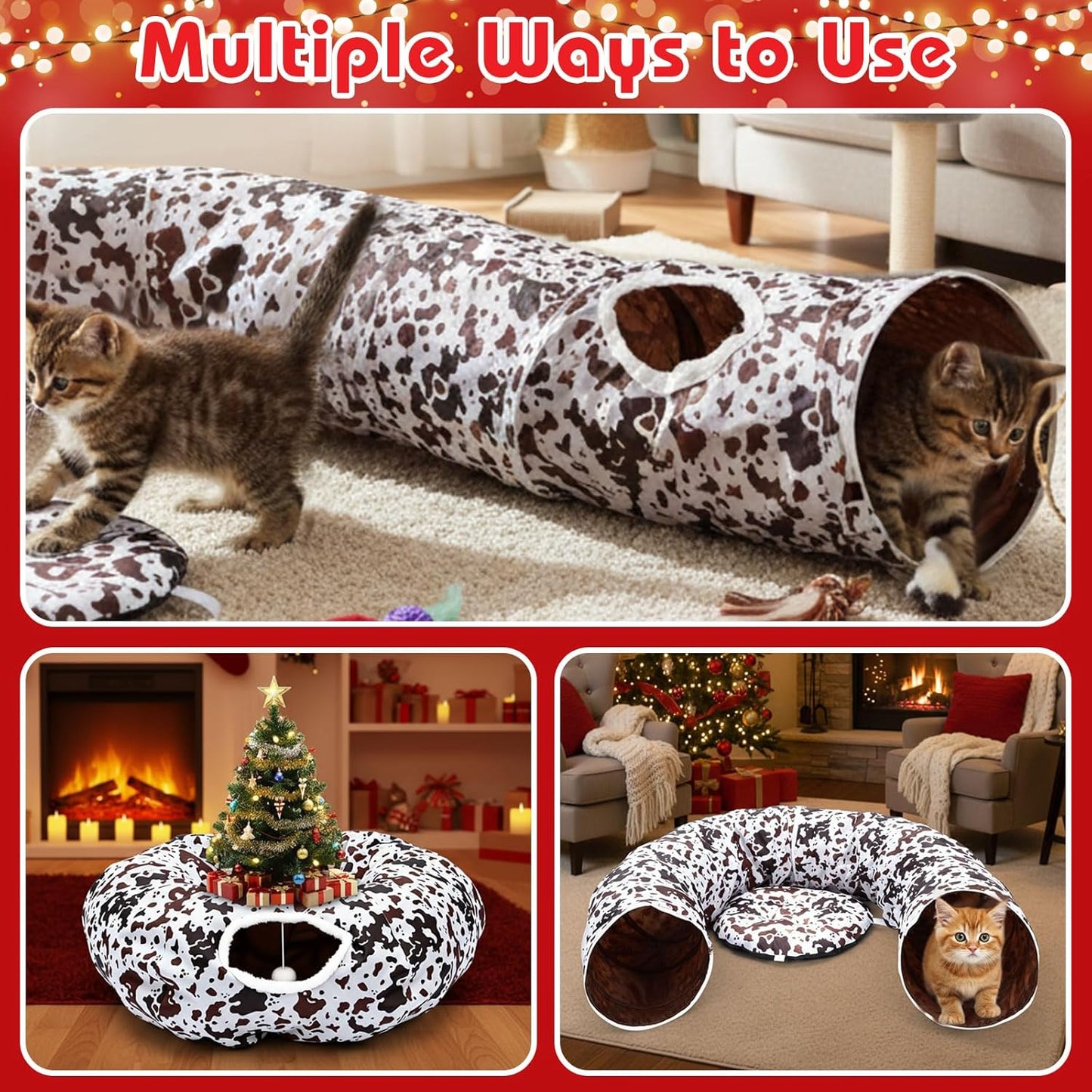 Cat Tunnel Bed Under Christmas Tree 36'' Kitten Circle Donut Tunnel Skirt with Ball Mat Decorative Xmas Folding Home Kitty Guard Tube Holiday Party Indoor Pet (Brown Black White,Cowhide)