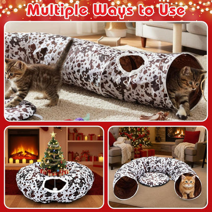 Cat Tunnel Bed Under Christmas Tree 36'' Kitten Circle Donut Tunnel Skirt with Ball Mat Decorative Xmas Folding Home Kitty Guard Tube Holiday Party Indoor Pet (Brown Black White,Cowhide)
