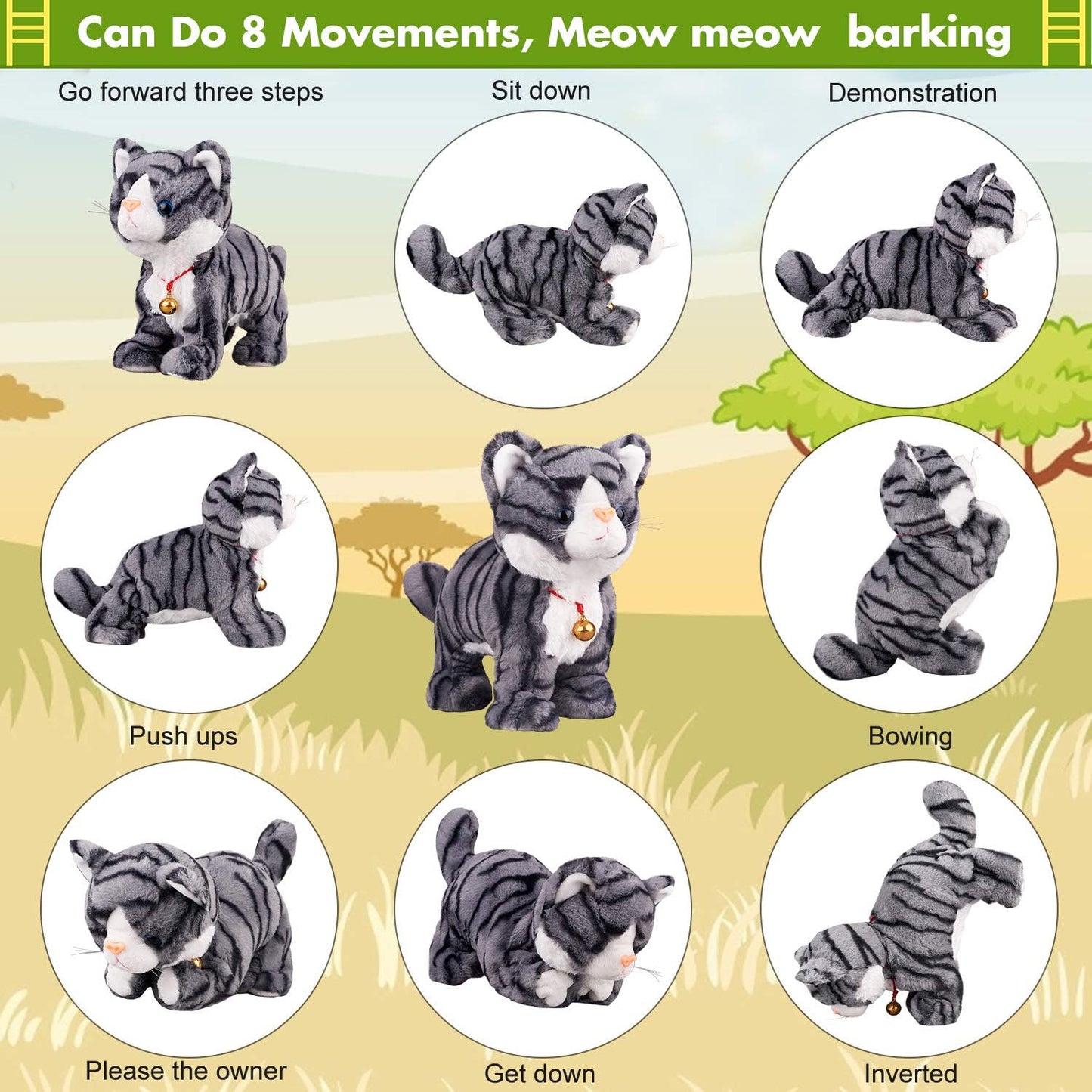 Pattern Gray Robot Cat Plush Cat Stuffed Animal Interactive Cat, Meow Kitten Touch Control, Electronic Cat Pet, Robotic Cat Cat Kitty Toy, Animated Toy Cats for Girls Baby Kids L:12"