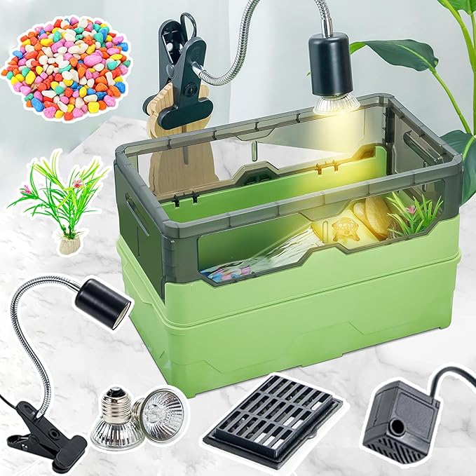 Turtle Tank kit with Filter+Water Pump+Heat lamp, Wheels, Easy to Move, Imitate The Natural Flows, Suitable for Small Turtle Horned Frog Hermit (M, Green)