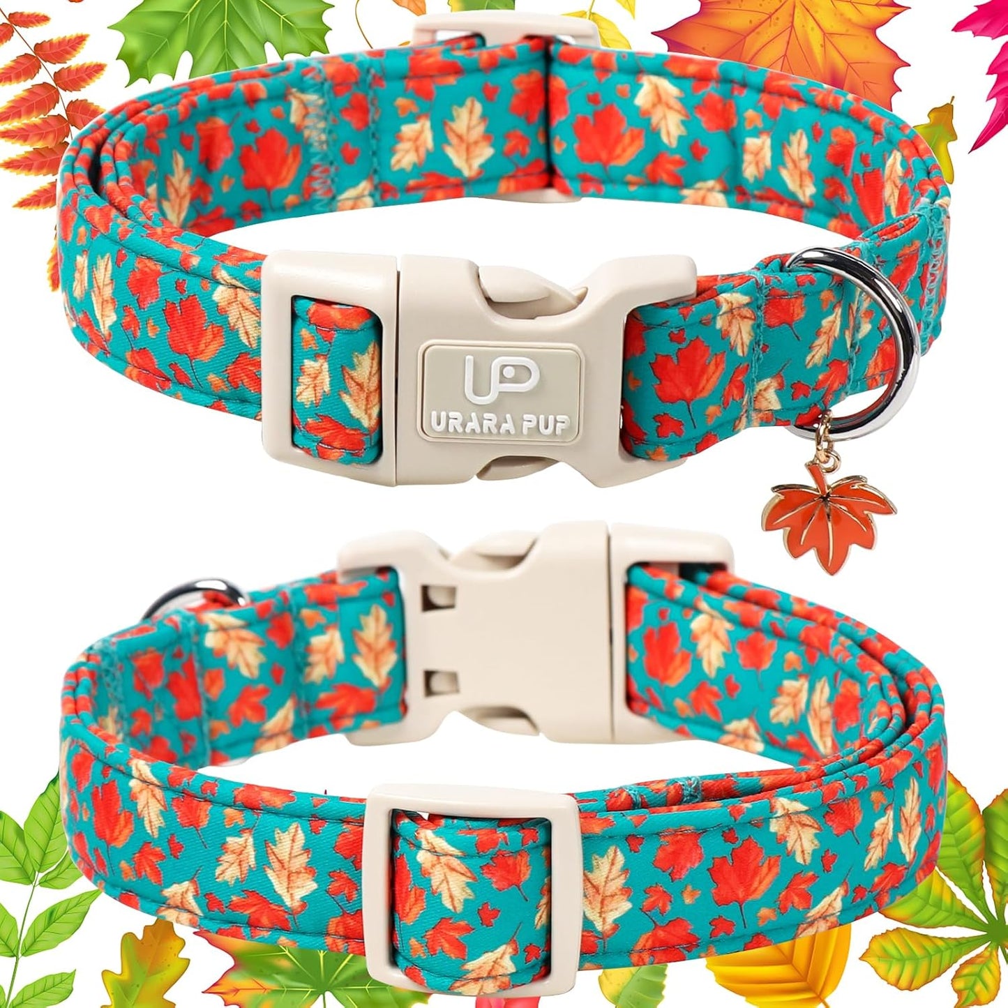 Fall Dog Collar for Small Medium Large Dogs-Adjustable Autumn Leaf Print Dog Collar with Maple Charm, Cute Seasonal Pet Collars with Quick Release, Soft Durable Puppy Collars