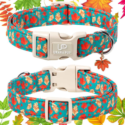 Fall Dog Collar for Small Medium Large Dogs-Adjustable Autumn Leaf Print Dog Collar with Maple Charm, Cute Seasonal Pet Collars with Quick Release, Soft Durable Puppy Collars