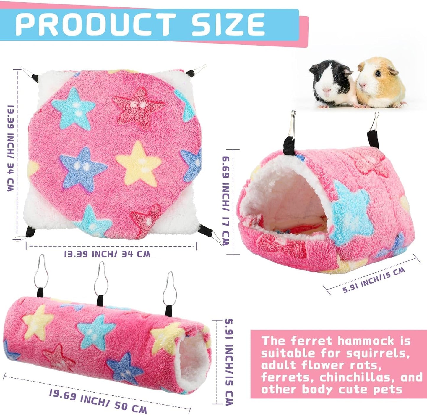 Abbylike 9 Pieces Rat Hammock 3 Tier Guinea Pig Ferret Hammocks Small Pet Hanging Tunnel Glider Toy Guinea Pig Ferret Hideout Bed Cage Accessories for Hamster (Green, Pink, Brown,Stars)