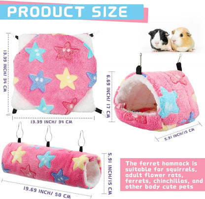 Abbylike 9 Pieces Rat Hammock 3 Tier Guinea Pig Ferret Hammocks Small Pet Hanging Tunnel Glider Toy Guinea Pig Ferret Hideout Bed Cage Accessories for Hamster (Green, Pink, Brown,Stars)