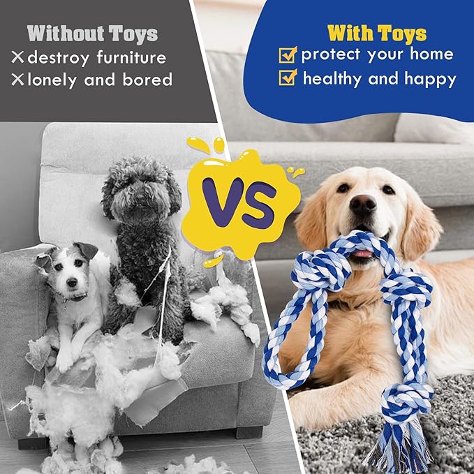 [3 Pack] Dog Rope Toys for Large and Medium Aggressive Chewers, Nearly Indestructible Rope Chew Toys, Heavy Duty 100% Cotton Tug of War Dog Toy for Boredom, Teeth Cleaning