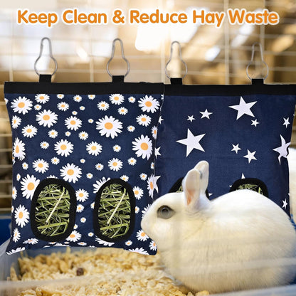 Upgraded Rabbits Hay Feeder Bag for Bunny, Guinea Pigs, Chinchillas - Hanging Washable 2-Hole Hay Dispenser with 600D Oxford Fabric, Small Animal Cage Accessories (Blue Daisy)
