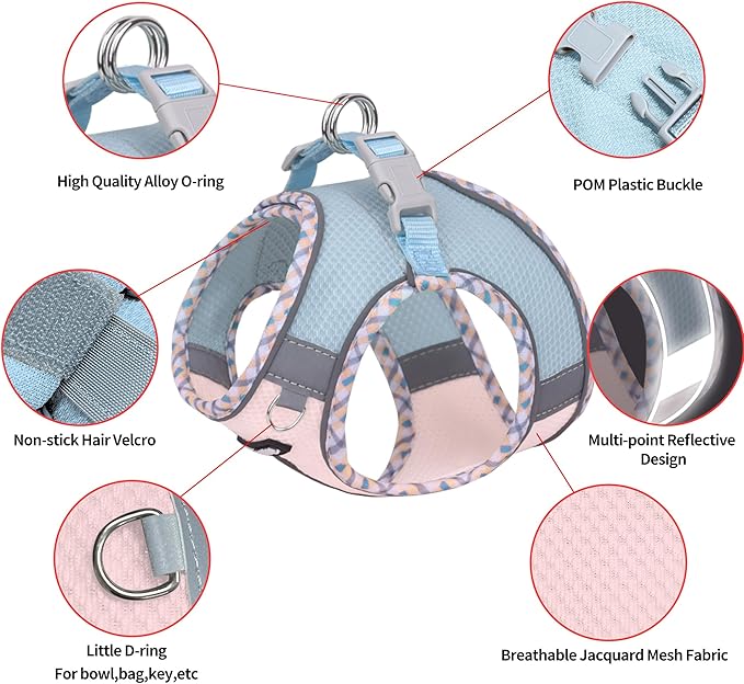 AIITLE Escape-Proof Dog Harness - Extra Soft Jacquard Fabric with Moisture-Wicking Lining, Adjustable Fit for Boston Terrier, Pekingese - Running, Playdates, Outdoor Adventures (Blue-Pink, L)