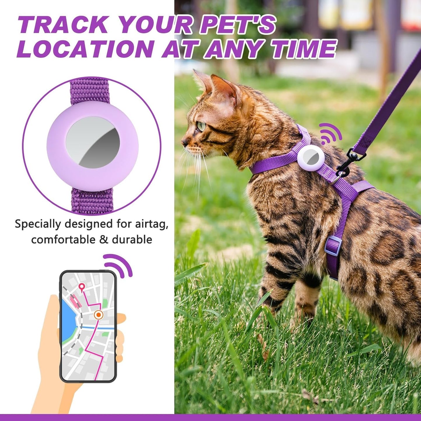 Cat Harness and Leash Set with Airtag Holder for Walking & Travelling, Escape Proof Cat Harness for Small Medium Large Kitten, Adjustable Lightweight Soft Cat Vests (Purple)