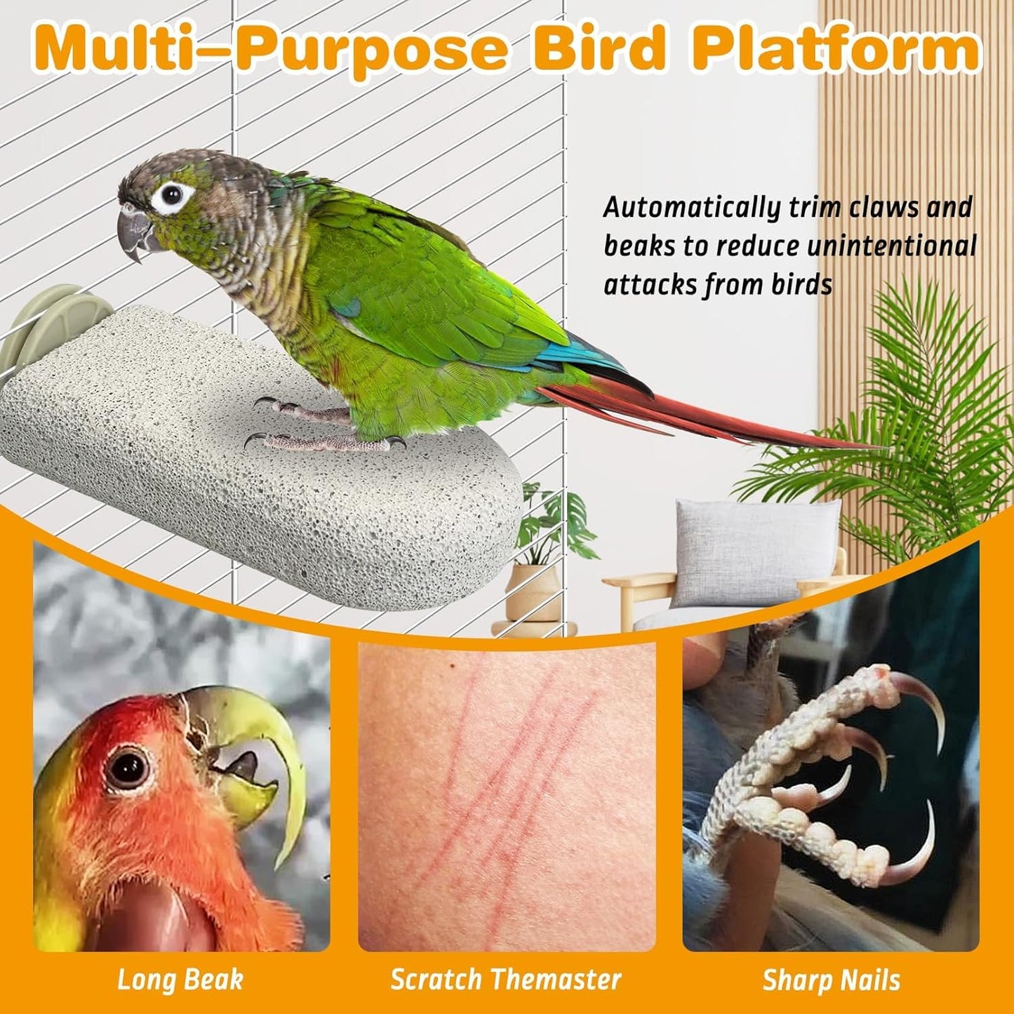 PINVNBY 3 PCS Large Bird Cage Perch Natural Parrot Beak Grinding Stone Calcium Parakeet Chew Toy Bird Stand Platform for Cockatiel Conure Lovebird Finch