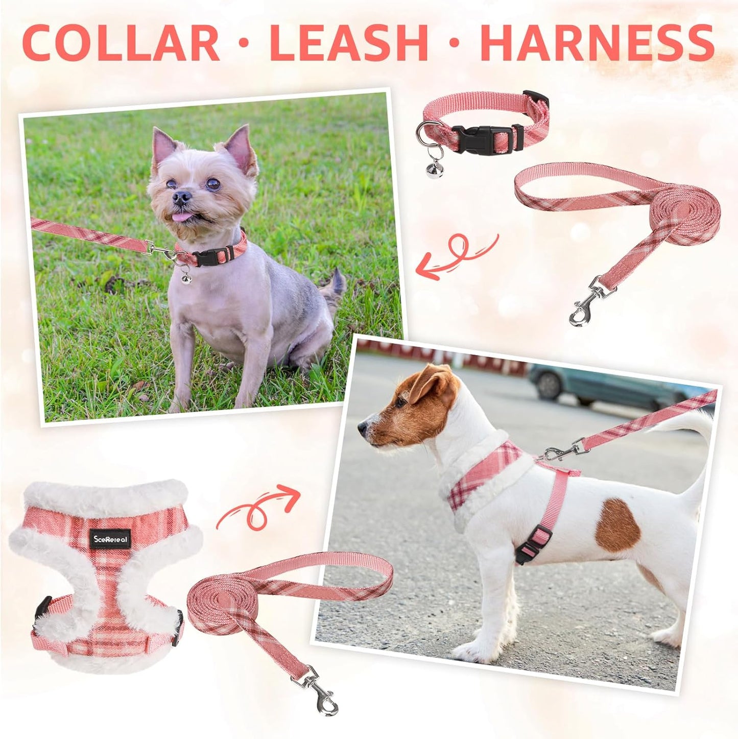 SCENEREAL Small Dog Harness Collar and Leash Set, Mesh Plush No Pull Puppy Vest Harness, Warm Fleece No Chock Step in Small Pet Halter for Outdoor Walking Training, Pink Plaid S