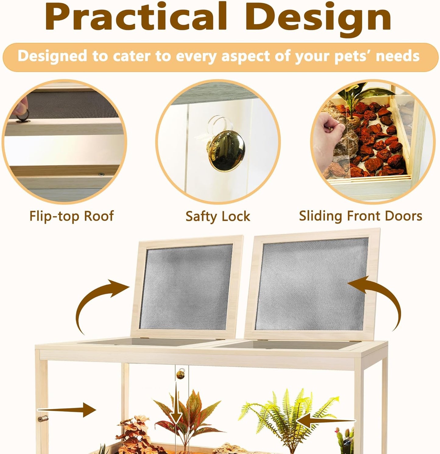 Bearded Dragon Tank with Legs Up to 77 Gallons, Tortoise Habitat with Metal Mesh Top, Reptile Enclosure Lockable Design, Snake Tank (Oak, 77 Gallon, 48" L x 20" W x 47.6" H)