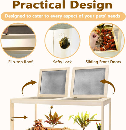 Bearded Dragon Tank with Legs Up to 77 Gallons, Tortoise Habitat with Metal Mesh Top, Reptile Enclosure Lockable Design, Snake Tank (Oak, 77 Gallon, 48" L x 20" W x 47.6" H)