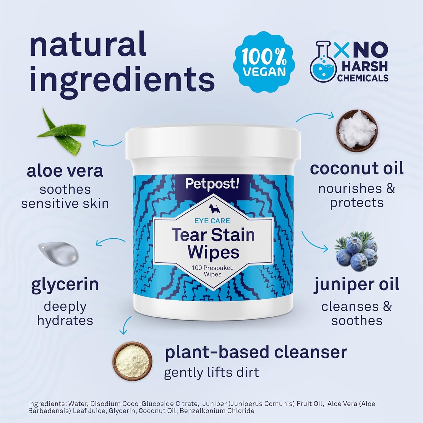 Petpost Tear Stain Remover Wipes for Dogs | 100 Count Gentle Eye Wipes with Juniper Berry & Coconut | Dog Face Wipes for Tear Stains & Eye Discharge | Soft Cotton Pads, Bleach Free