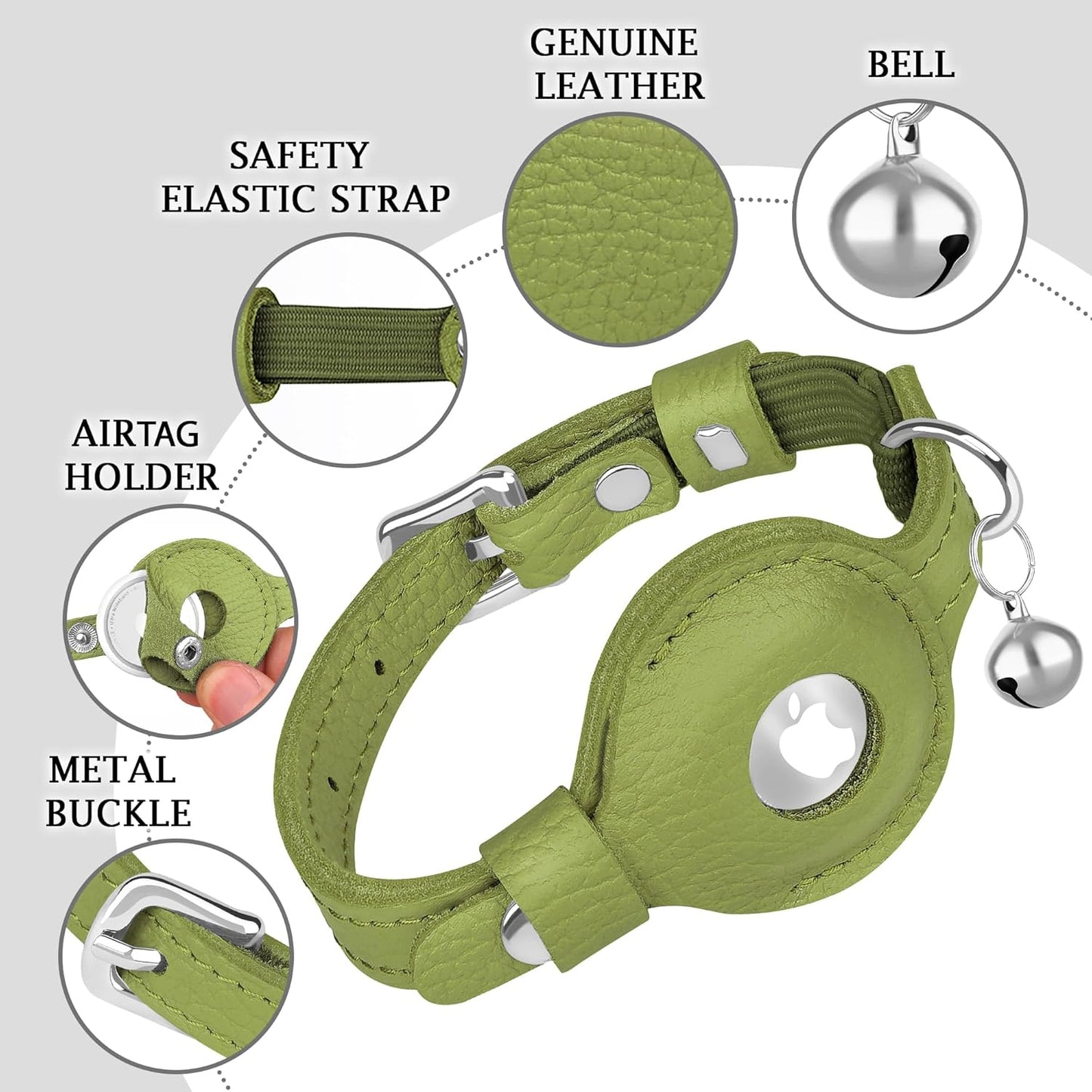 OOPSDOGGY Cat Collar for AirTag Holder, Leather Kitten Collars with Elastic Strap & Bell, Non Breakaway Adjustable Small Pet Collars for Indoor & Outdoor for Boy, Girl (Olive Green)