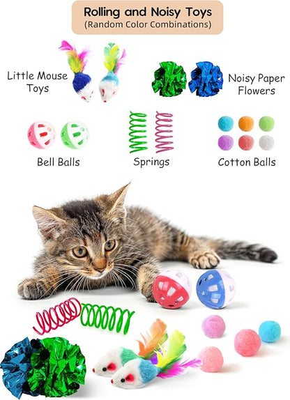 Cat Toys for Indoor Cats, 21 PCS Interactive Toy Set with Springs, Mice, Catnip Ropes, Pompom Balls, Bells, Catnip Ball, and Hanging Toys, Gift Box for Kittens and Adult Cats