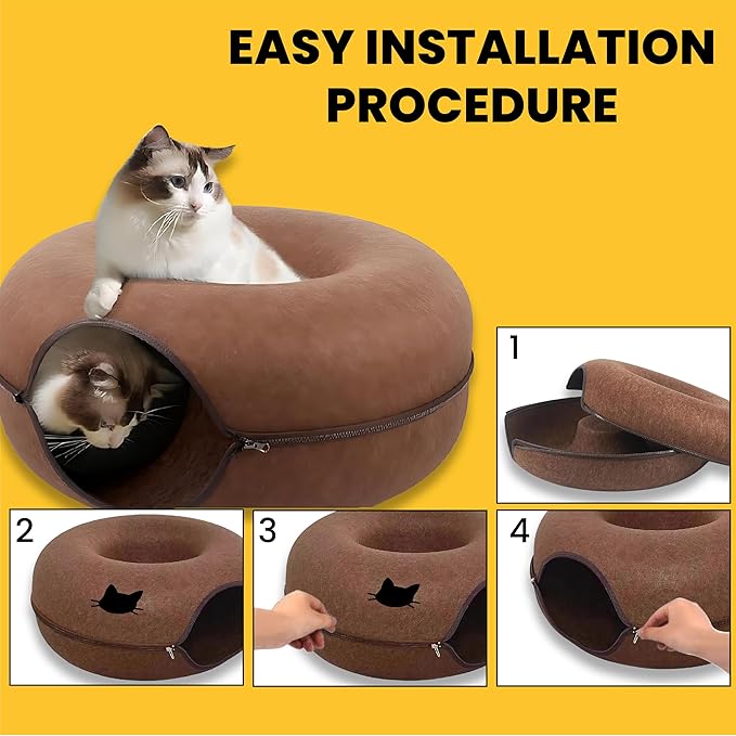Laluz 2021 Large Cat Tunnel Bed for Indoor Cats Up to 30 Lbs Peekaboo Donut Cave with Catnip and Plush Toys Scratch Resistant Felt Design Detachable and Washable Cat Tunnel (Chocolate)