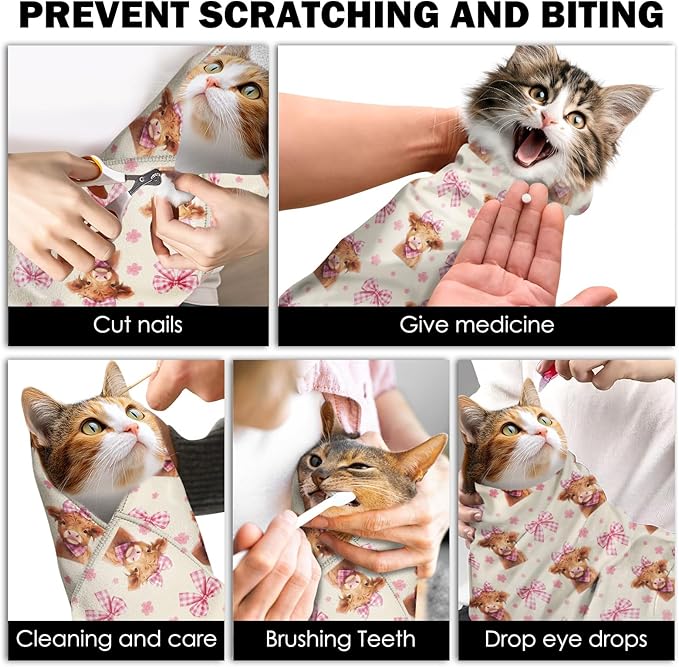 27.6" Cat Grooming Wrap, Self Adhesive Cat Wrap for Cutting Nail, Anti-Escape Calming Cat Swaddle Wrap for Medicine Ear Cleaning, Cow Anti-Scratch Cats Burrito Restraint Blanket, Pet Tool (6-10 lbs)