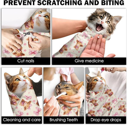27.6" Cat Grooming Wrap, Self Adhesive Cat Wrap for Cutting Nail, Anti-Escape Calming Cat Swaddle Wrap for Medicine Ear Cleaning, Cow Anti-Scratch Cats Burrito Restraint Blanket, Pet Tool (6-10 lbs)