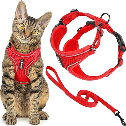 Voyager Escape Proof Cat Harness and Leash Set with Reflective Stitching, Neoprene Handle 5ft - Supports Small, Medium and Large Cats, Kittens for Walking by Best Pet Supplies - Red, S
