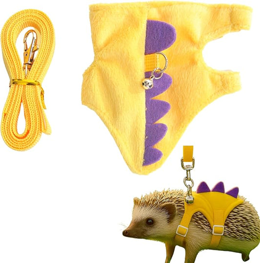 Adjustable Hedgehog Leash and Harness with Safe Bell, Dinosaur Shaped Harness Leash for Training Playing, Hamster Clothes for Ferret Guinea Pig Hamster, Hedgehog Accessories (Yellow)