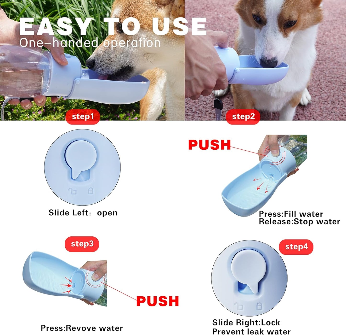 Foldable Dog Water Bottle, Portable Water Dispenser for Dog, Cat, Rabbit, Puppy and Small Animals, Dishwasher Safe Pet Accessories for Walking, Hiking, Travel