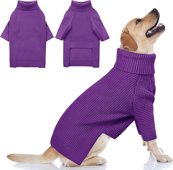 Queenmore Soft Warm Large Dog Sweater, Large Dog Sweaters for Male Dogs, Pet Christmas Sweaters, Extra Large Breeds Kintwear, Turtleneck Pullover Pet Clothes, Purple 3XL