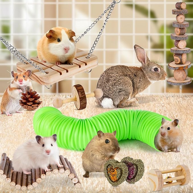 VESPRO Hamster Toys Set, Guinea Pig Toys Small Animal Chewing Toy and Rat Cage Accessories, Chinchillas, Gerbils, Rats, Rabbit Rodents Teeth Care, Apple Wood Timothy Hay Mouse Toy Swing Seesaw Bridge