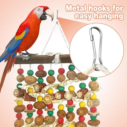 PINVNBY Large Parrot Toys Natural Nuts Corn Cob Wooden Chewing Tearing Toy for African Grey Macaws Amazon Cockatoos Eclectus Conures Cockatiels Cockatoo and Large Medium Parrot Birds (Colorful)