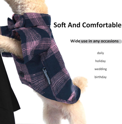 Plaid Dog Shirt,Gentle Soft Casual Pet Shirt Clothes, Dog Cotton Shirt with Bow Tie for Wedding,Christmas Costumes(Pink&Blue, Large)