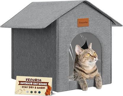 Outdoor Cat House Weatherproof, Insulated Cat Houses for Outdoor/Indoor Cats for Winter, Waterproof Feral Stray Cat Shelter with Warm Cushion and Door Curtain, Easy to Assemble, Grey