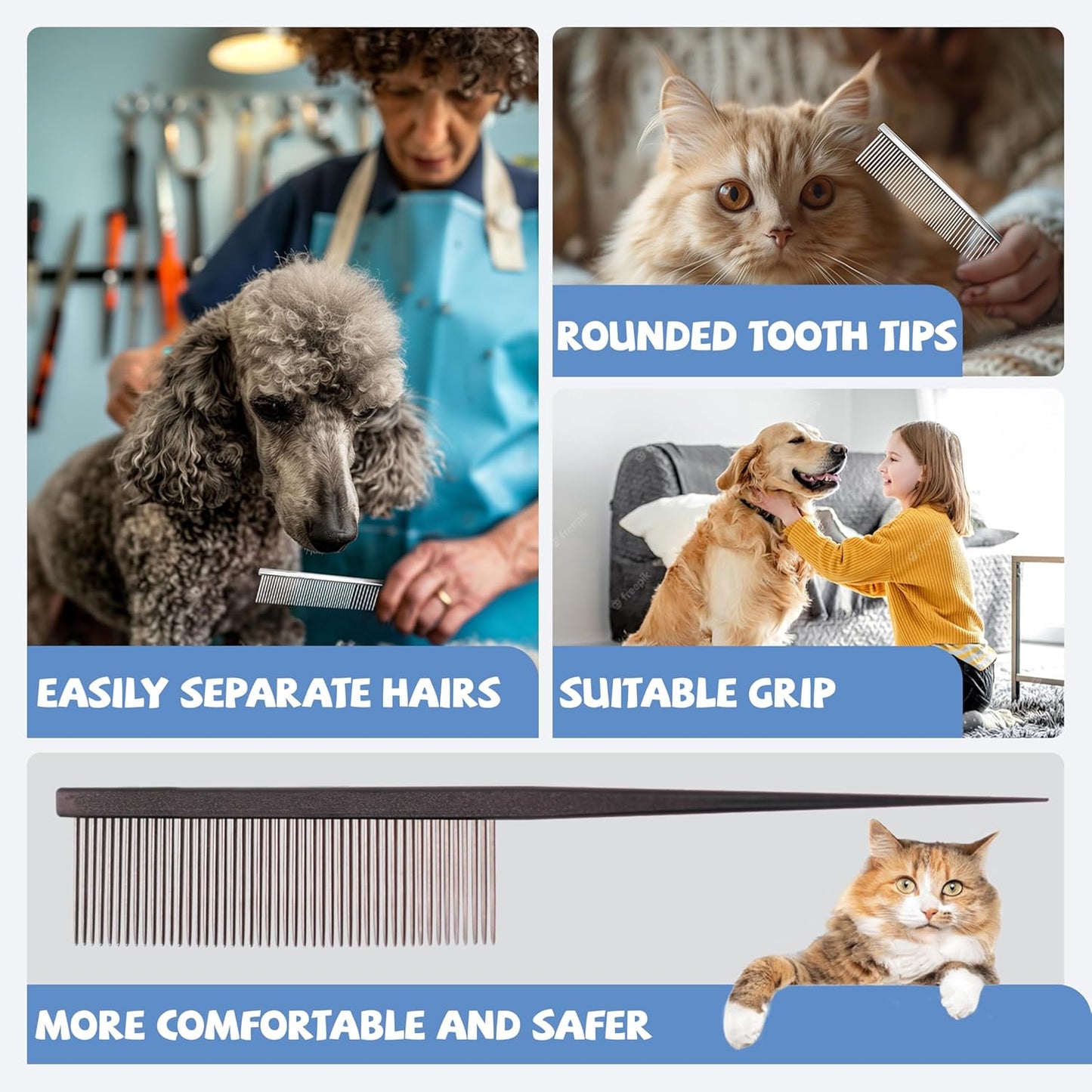Grooming Pet Comb Rat Tail Dematting Cat and Dog Comb，Rounded Ends Design for Safe Tangle Removal, Hairstyling, Massage，Loose Hair Removal，Prevent Irritation，Fluffing Paws,Face,Tail,Remove Tear Stain