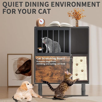 Wood Dog Proof Cat Feeding Station with Storage Box and Removable Bowl, Outdoor Cat Feeding Table with Scratching Board, Vintage Pet Furniture for Indoor