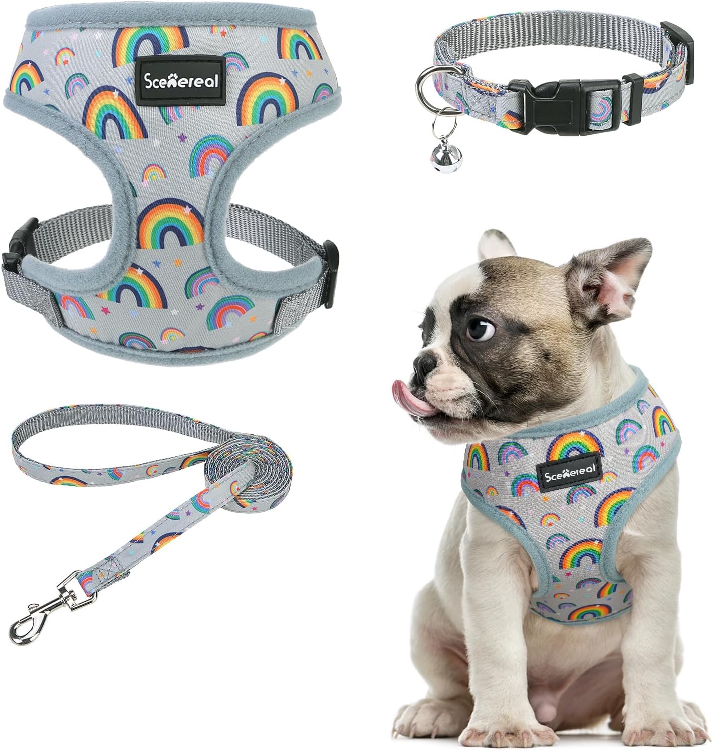 SCENEREAL Small Dog Harness Collar and Leash Set, Adjustable No Pull Pet Harnesses, No Chock Soft Mesh Step in Vest for Doggie Puppy Medium Dogs Cats Girl or Boy,Chihuahua, Yorkie, Outdoor Walking