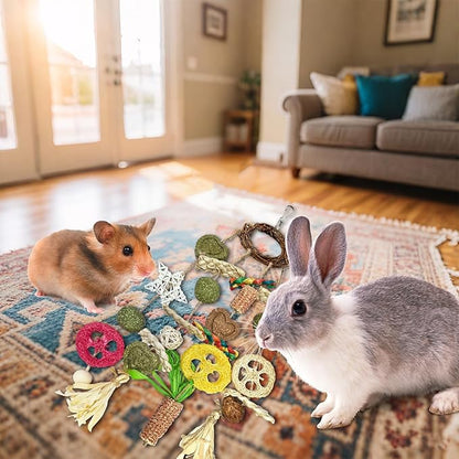 Bunny Chew Toy, Rabbits Cage Hanging Chew Toys and Treats Rattan Ring with Snacks Water Grass Wooden Block Carrot for Guinea Pigs Chinchillas Hamsters Rats and Other Small Pets Teeth Grinding