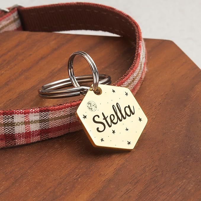 Anavia Small Size Dog Cat ID Tags, Small/XS Personalized Color Plated Stainless Steel Puppy Kitten Name Tags, Customized Engraved Nameplate Pet Collar Tag (Purple, Hexagon)