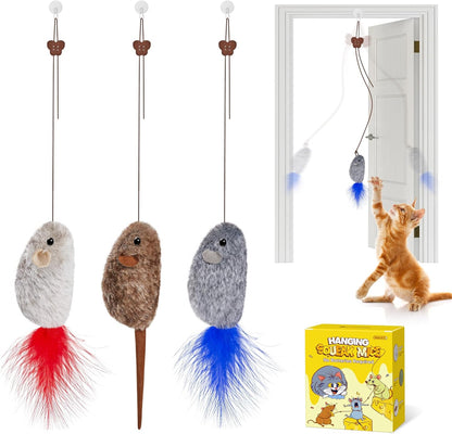 Potaroma Hanging Cat Mice Toys 3 Pcs with Squeaky Sound, Interactive Cat Teaser Retractable, Cat Toys Indoor Kitten Play Chase Exercise, Mental Physical Stimulation