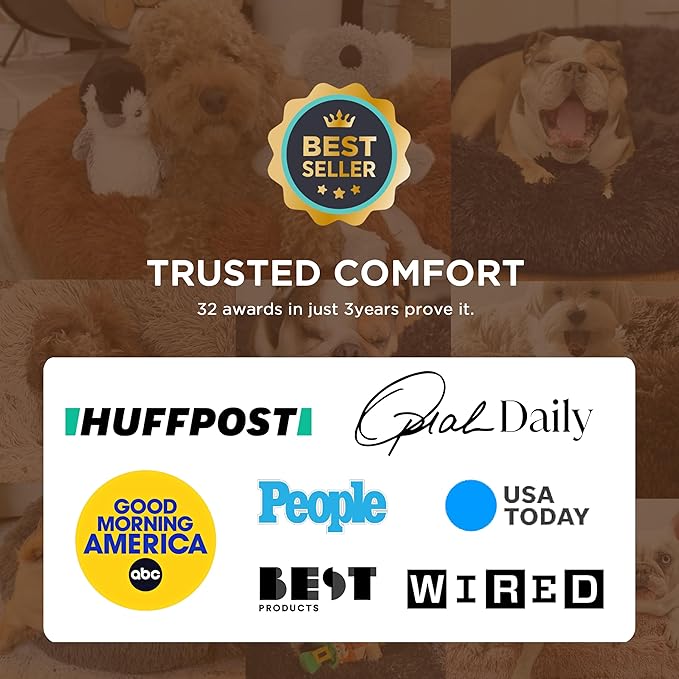 Bedsure Calming Dog Bed Medium Large Size Dogs - Donut Washable Large Pet Bed, 33 inches Anti-Slip Round Fluffy Plush Faux Fur Dog Bed, Camel