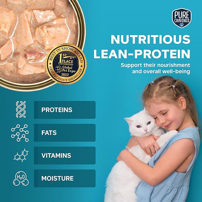 Pure Cravings Flakes in Tuna Consommé, Canned Wet Cat Food Soup, 100% Mercury-Tested, Moist Can Fish, Grain-Free Protein, Non-GMO, 3oz, Variety Pack 3X Tuna, 3X Salmon, 3X Sardine, 3X Mackerel
