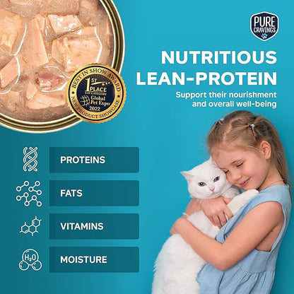 Pure Cravings Flakes in Tuna Consommé, Canned Wet Cat Food Soup, 100% Mercury-Tested, Moist Can Fish, Grain-Free Protein, Non-GMO, 3oz, Variety Pack 3X Tuna, 3X Salmon, 3X Sardine, 3X Mackerel