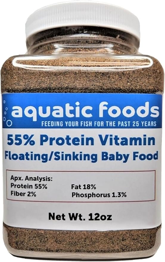 Aquatic Foods Inc. 55% Protein Vitamin Rich Micro Floating/Slow Sinking Baby & Fry Food for Cichlids, Community Fish, Baby Koi & Pond Fish, All Aquarium Tropical Fish...12oz Jar