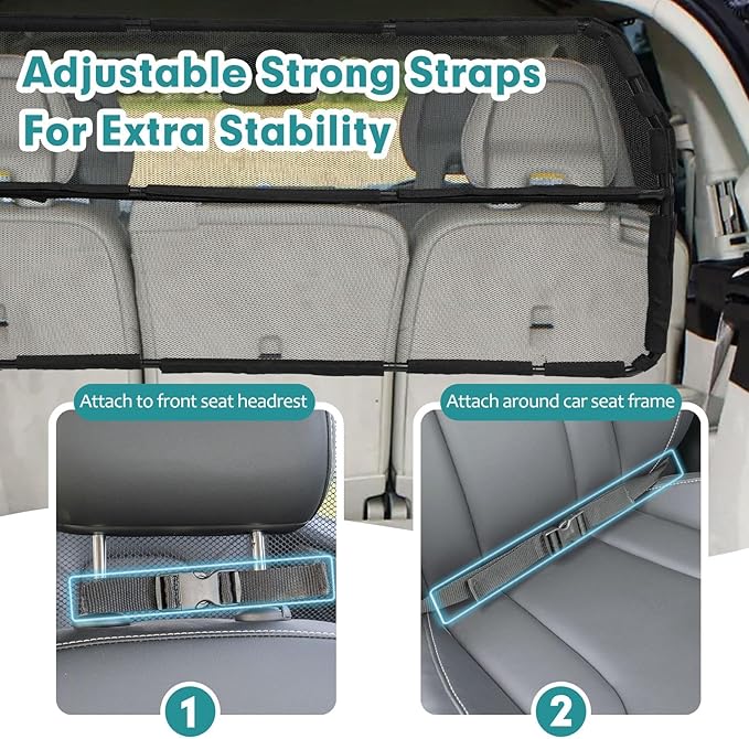 Dog Car Barrier Escape-Proof, 46" Wide Car Divider for 3rd Row Seats & Cargo Area, Durable Cargo Area Dog Car Gate Trunk Barrier with See Through Net Mesh for Small Sized SUV & Vehicles Or Hatchback