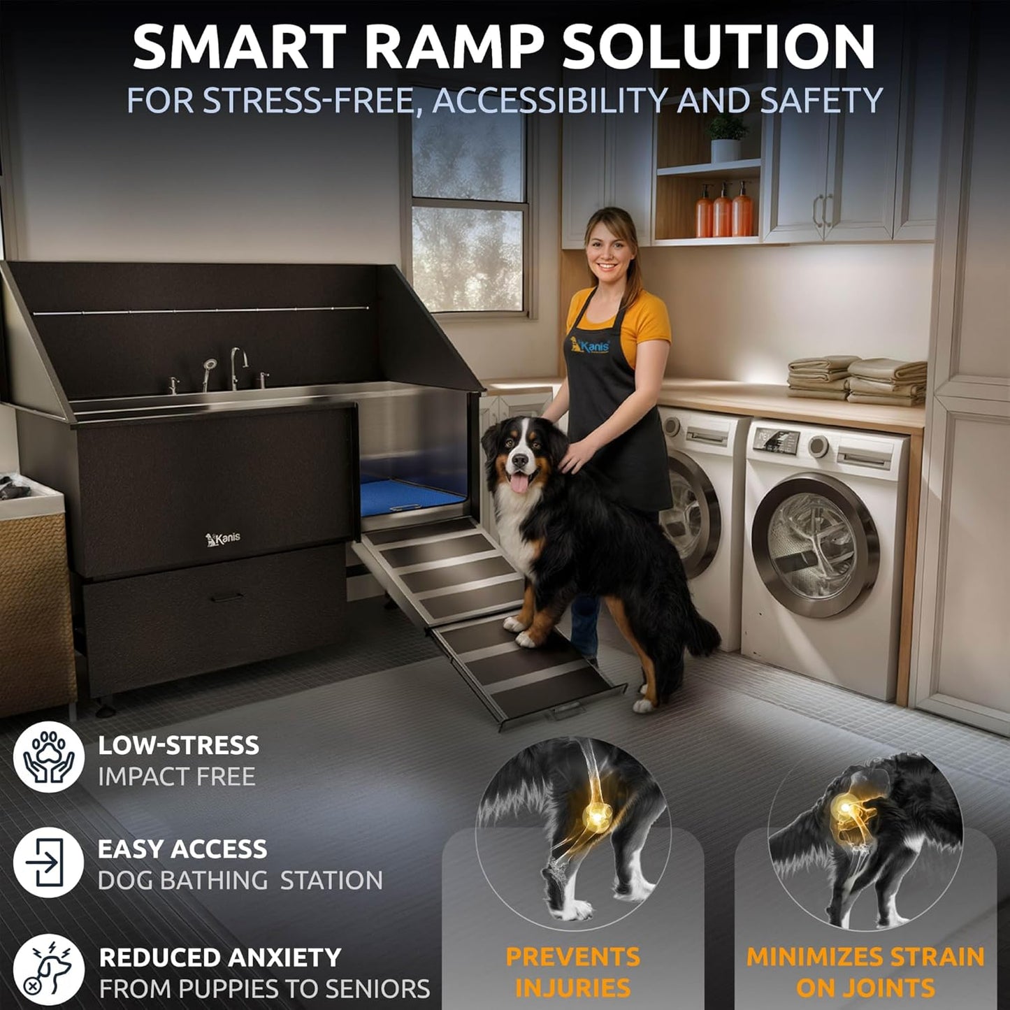 KANIS Black Line Professional Dog Washing Station - 304 Stainless Steel Pet Wash Sink & Grooming Bathtub w/Shower, Floor Grates and Storage for Large, Medium & Small Pets (61", 1 Drawers - Right Ramp)