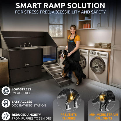 KANIS Black Line Professional Dog Washing Station - 304 Stainless Steel Pet Wash Sink & Grooming Bathtub w/Shower, Floor Grates and Storage for Large, Medium & Small Pets (61", 1 Drawers - Right Ramp)