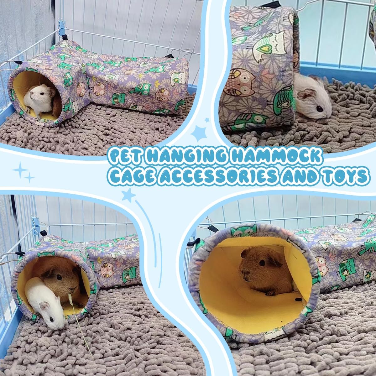 Guinea Pig Rat Ferret Hammock & Corner Tunnel for Small Animals - Hedgehog, Piggy, Chinchilla Hideout and Cage Accessories (Owl Design)